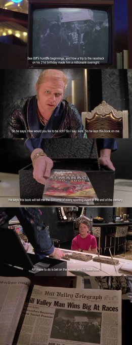 “See Biff’s Humble beginnings, and how a trip to the racetrack on his 21st birthday made him a millionaire overnight.” “So he says, How would you like to be rich? So I say, sure. So he lays this book on me. He says this book will tell me the outcome of every sporting event til the end of the century. All I have to do is bet on the winner and I'll never lose.”