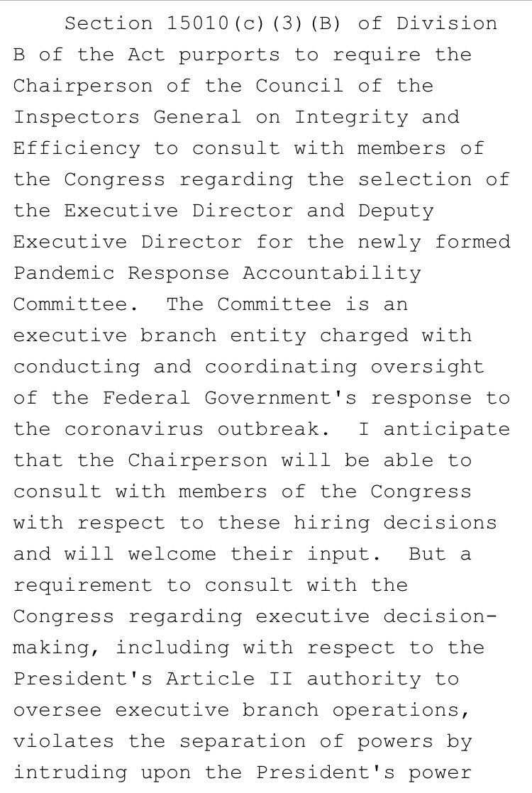 And the statement also indicates Trump will treat as optional a provision requiring that Congress be consulted about the staffing of the new Pandemic Response Accountability Committee.