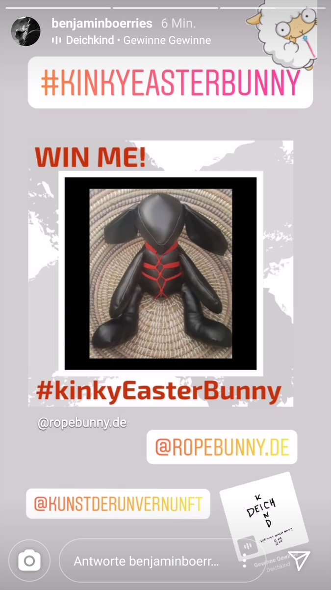 Poste bei Instagram oder Twitter ein Foto mit Hashtag #kinkyEasterBunny.
Verlinkt:
@kunstderunvernunft und <a href="/RopeBunny_de/">RopeBunny.de</a>

Verkleidet euch oder lasst euch was kreatives einfallen 😍

Einsendeschluss:
03. April. 2020 - 20:00 MEZ
Mehrfache Teilnahme ist möglich. Das Los entscheidet
