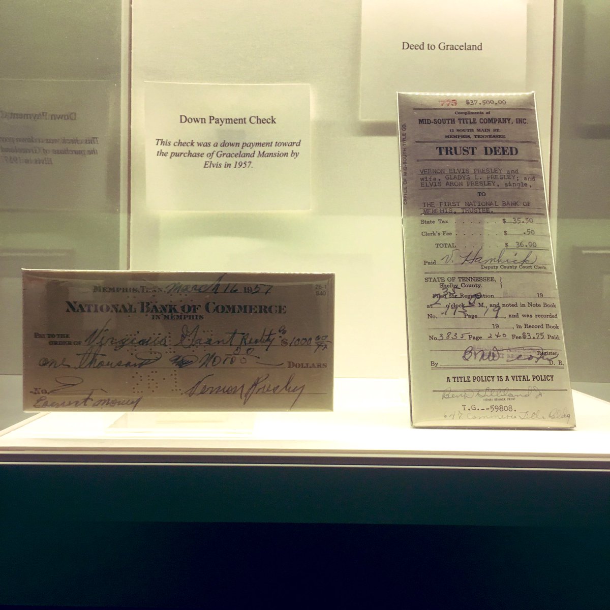 From Mississippi to Memphis, Tennessee: scenes from the “Trophy Room” exhibits on  #ElvisPresley at his home,  #Graceland, including his “portable TV” & the down payment check & deed to the now iconic mansion.