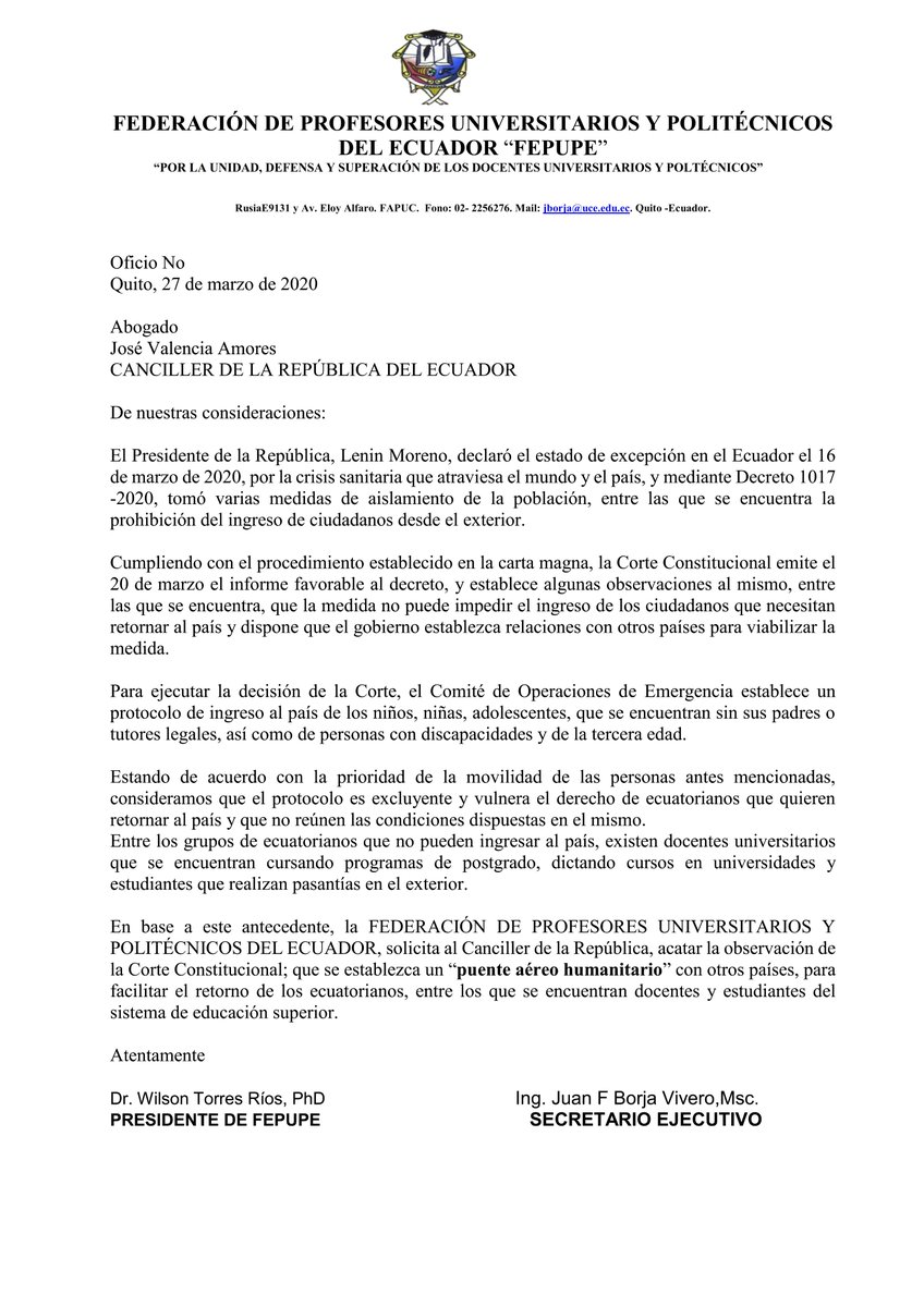 .<a href="/FEPUPE_ec/">FEPUPEcuador</a> solicita a <a href="/CancilleriaEc/">Cancillería del Ecuador 🇪🇨</a>, acatar observación de <a href="/CorteConstEcu/">Corte Constitucional</a>, con un #PuenteAéreoHumanitario para repatriar a docentes y estudiantes del <a href="/EduSuperiorEc/">Viceministerio de Educación Superior</a>. #COVID19Ecuador
<a href="/Lenin/">Lenín Moreno</a> @ValenciaJoseEc <a href="/MinGobiernoEc/">Ministerio de Gobierno Ecuador</a> <a href="/Riesgos_Ec/">Riesgos Ecuador</a> <a href="/DrJuanCZevallos/">Dr. Juan Carlos Zevallos</a> <a href="/ottosonnenh/">Otto Sonnenholzner</a> <a href="/agustinalbanm/">Agustín Albán</a>