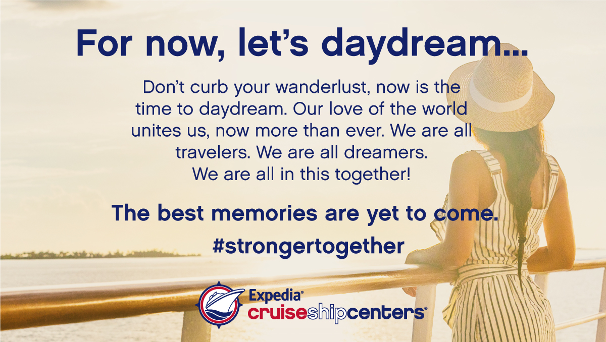 ExpediaCruises's tweet photo. While the world is on hold, let your dreams of travel give you a sense of hope and something to look forward to. Here’s to when you'll create new memories, voyage to new lands and experience unique adventures. When the time comes, we’ll be here to help you plan. #strongertogether https://t.co/1MCcjtoSrW