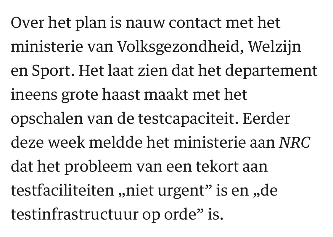 Het lijkt erop dat de twee kamermoties om de testcapaciteit te vergroten effect hebben, maar het ministerie denkt dat het ook weer niet zo urgent is om met Wageningen de capaciteit te verdubbelen…  https://www.nrc.nl/nieuws/2020/03/27/nederland-breidt-aantal-testen-fors-uit-a3995144