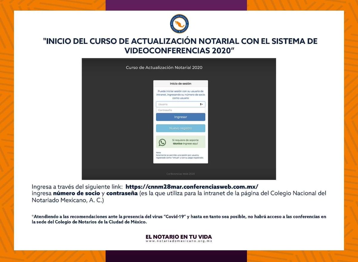 notariadomex's tweet photo. 📢📢Aviso.    
Para acceder a la primera sesión del Curso de Actualización por el Sistema de Videoconferencia, da click al siguiente link:  👉🏻 https://t.co/w3Xk9x5je3  
y tú número de socio y contraseña que se utiliza para la INTRANET de la página del  #CNNM. https://t.co/NtyrZOp73p