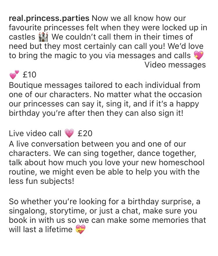 Real Princess Parties offering boutique messages tailored to each individual from one of our characters. No matter what the occasion our princesses can say it, sing it, and if it’s a happy birthday you want then they can also sign it! #princessvideochat #quarantinebirthday #bsl