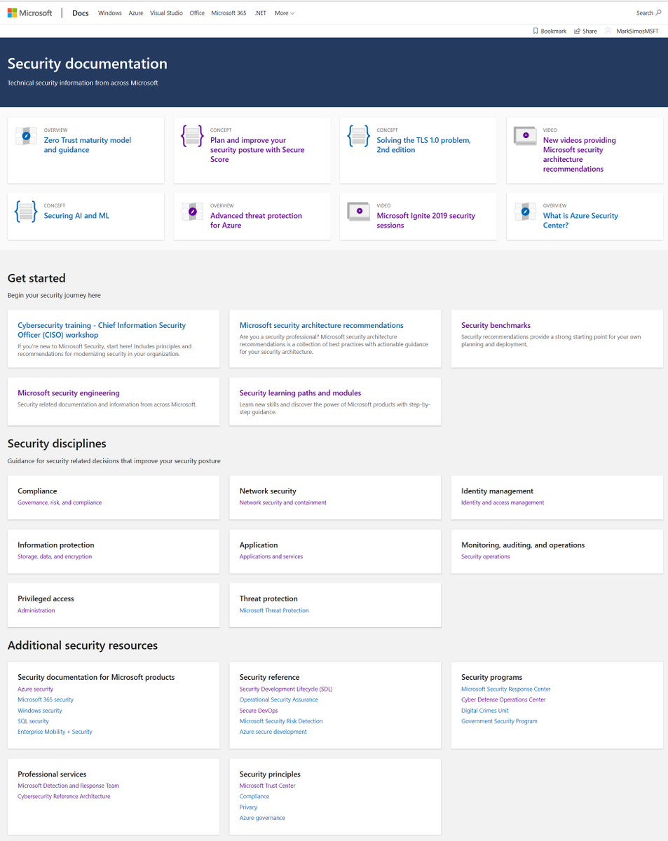 MarkSimos's tweet image. Check out the new security docs site Microsoft just published to make it easier for #cybersecurity professionals to do their job. Central place for resources + bonus 55 new videos on Security Best Practices! (security architecture recommendations section) aka.ms/securitydocs