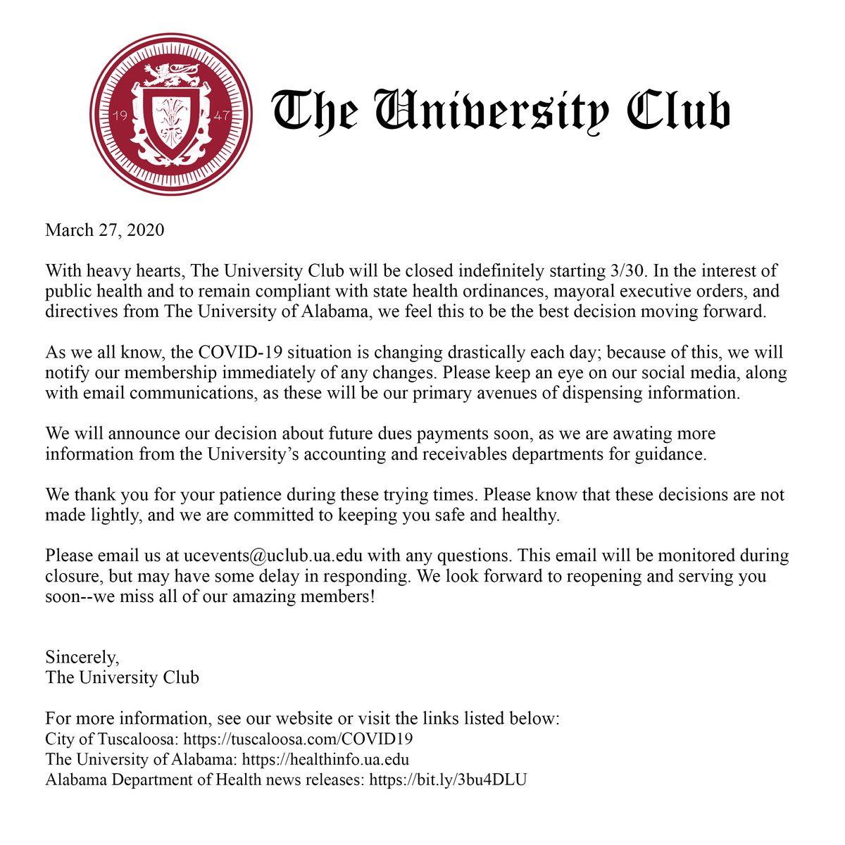 Please know these decisions are not made lightly--we are committed to your health and safety! Email us with questions or concerns.

Stay up-to-date on the COVID-19 situation:
City of Tuscaloosa: bit.ly/33YdtiA
UA: bit.ly/33Xbmvh
ADPH: bit.ly/2Jhv9fx