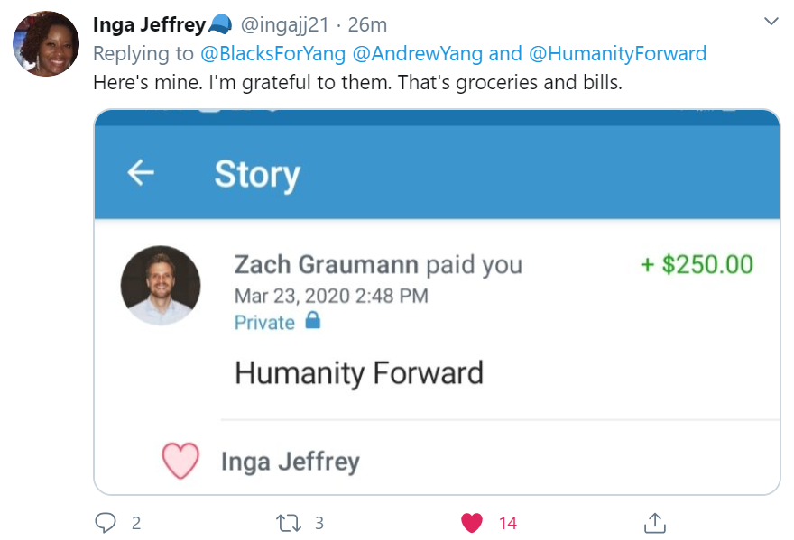 Here are EVEN MORE receipts of  @HumanityForward and  @AndrewYang providing help to Americans in need during the  #CoronaLockdown! Damn I love being  #YangGang!