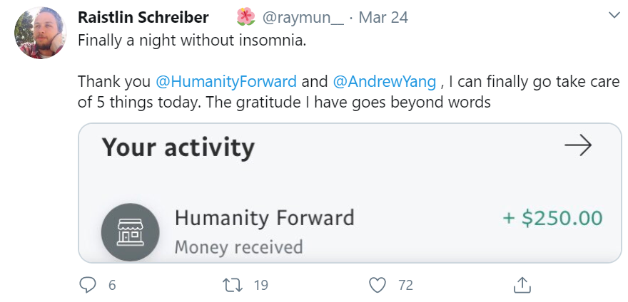 Yet more receipts to show that  @AndrewYang and  @HumanityForward put their money where their mouth is!