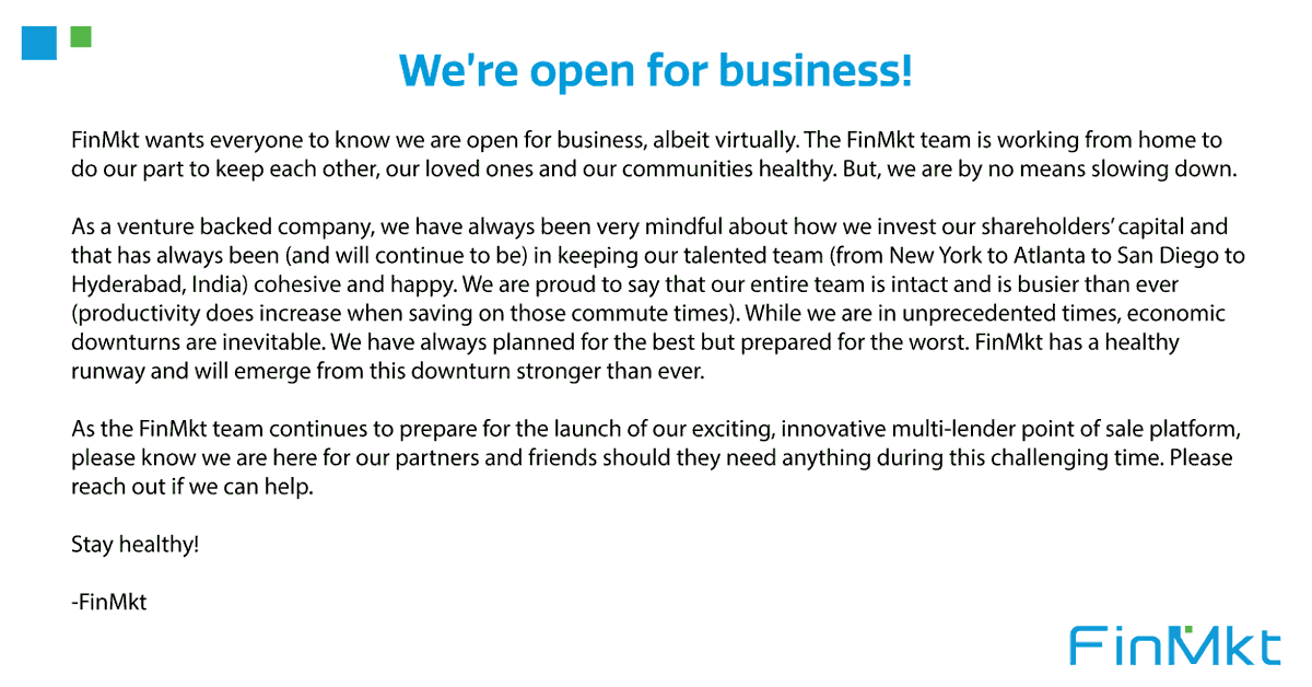 FinMkt's tweet photo. FinMkt is open for business!
#oneteam #stayhealthy #helponeanother #bankinginnovation #bankingtechnology #paymentsolutions #pointofsale #fintech #nycfintech #womeninfintech #laas #lendingsolutions https://t.co/qqaNAR9dmO