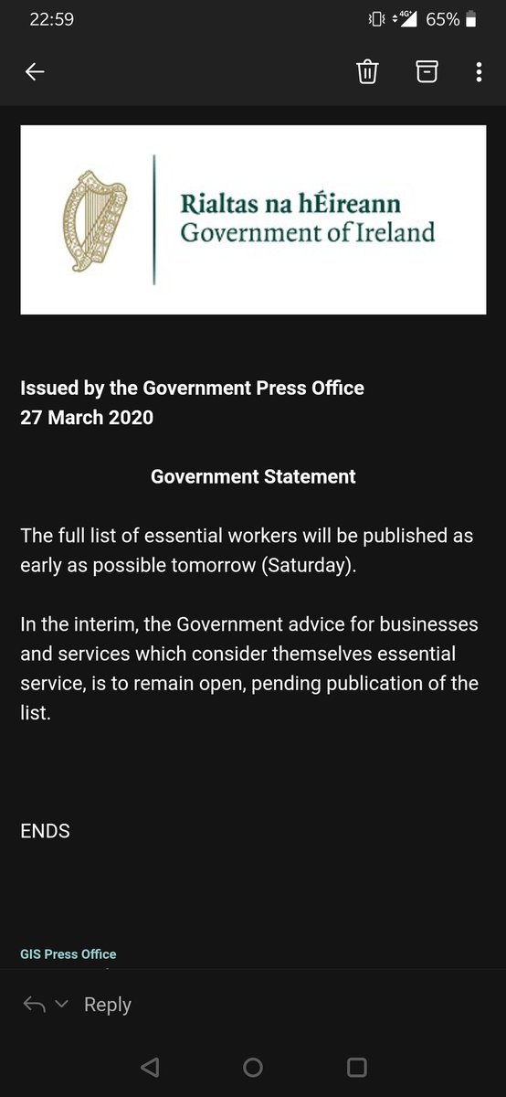 hughescraig90's tweet photo. List of "essential services" will be published tomorrow. #COVID19ireland https://t.co/WsycWLAMJy