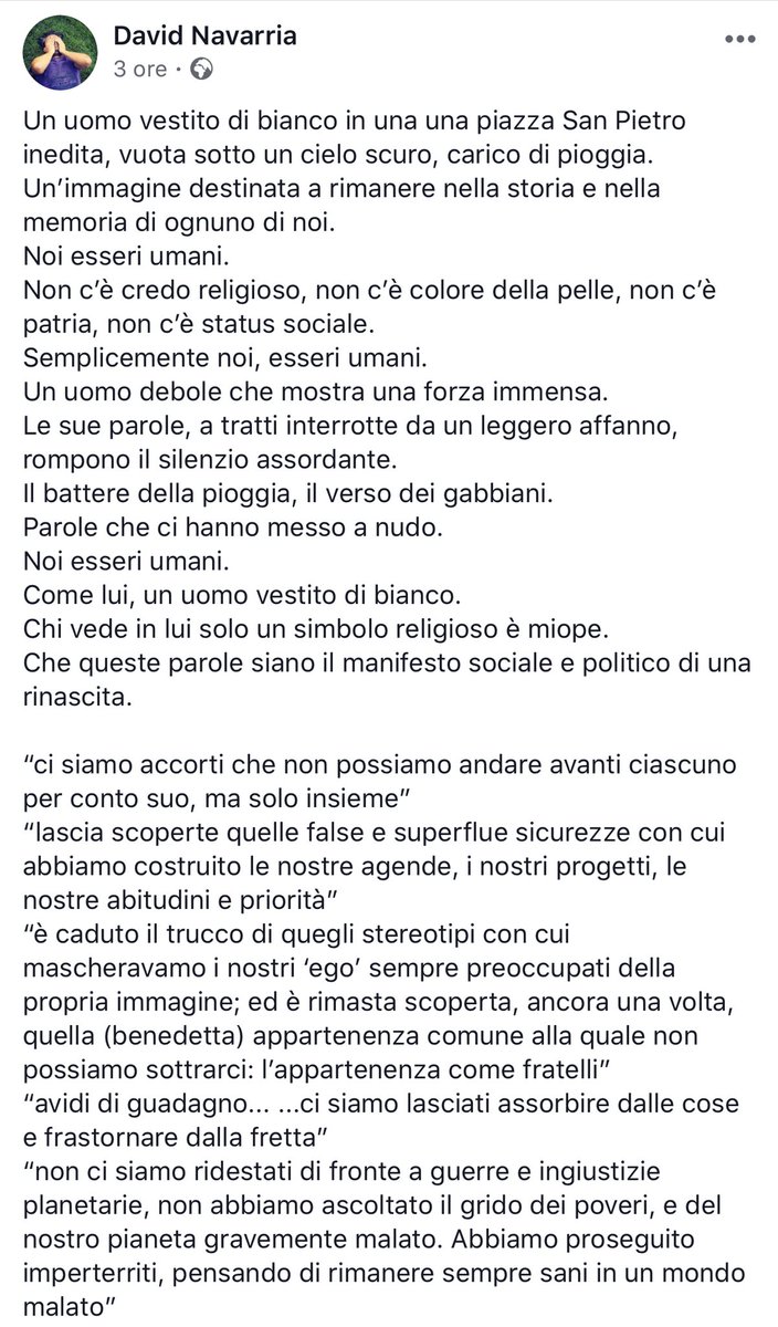 davidnavarria's tweet photo. Un uomo vestito di bianco in una una piazza San Pietro inedita, vuota sotto un cielo scuro, carico di pioggia.
Un’immagine destinata a rimanere nella storia e nella memoria di ognuno di noi. 
Che queste parole siano il manifesto sociale e politico di una rinascita.
#COVID2019 https://t.co/5D72vO4r5P
