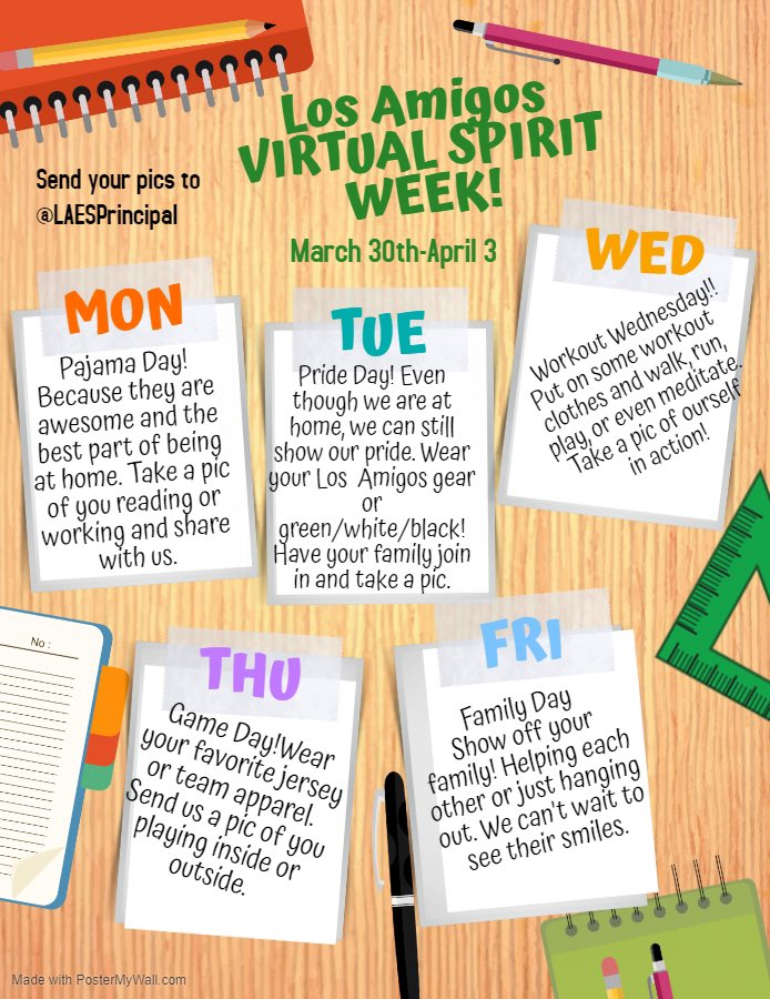 LAESPrincipal's tweet photo. LAES is partnering up with @RCMS_PRINCIPAL for a week of spirit! Letβs have some fun 3/30-4/3. Check out our daily themes below. Upload your picture and tag me on Twitter @LAESPrincipal or send it to me and Iβll post it! #BetterTogether #CSDfamily @LosAmigosTVP https://t.co/jvoBQwL90b