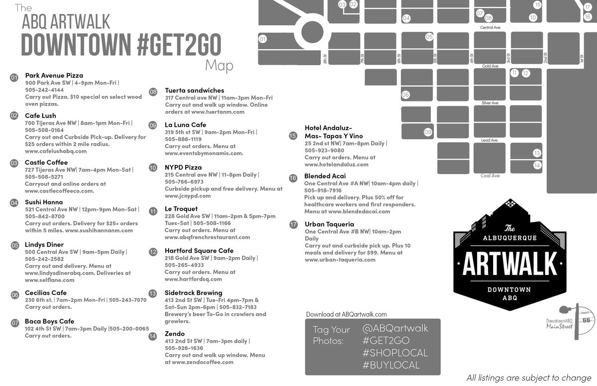 ABQartwalk's tweet photo. It goes without saying that we will be postponing our next ABQ Artwalk planned for April 3rd. In the meantime, we decided to repurpose our Artwalk map to highlight some of the businesses offering To-Go & Delivery. Grab a map from our social media or website and #GET2GO! https://t.co/nPdJCwUvGm