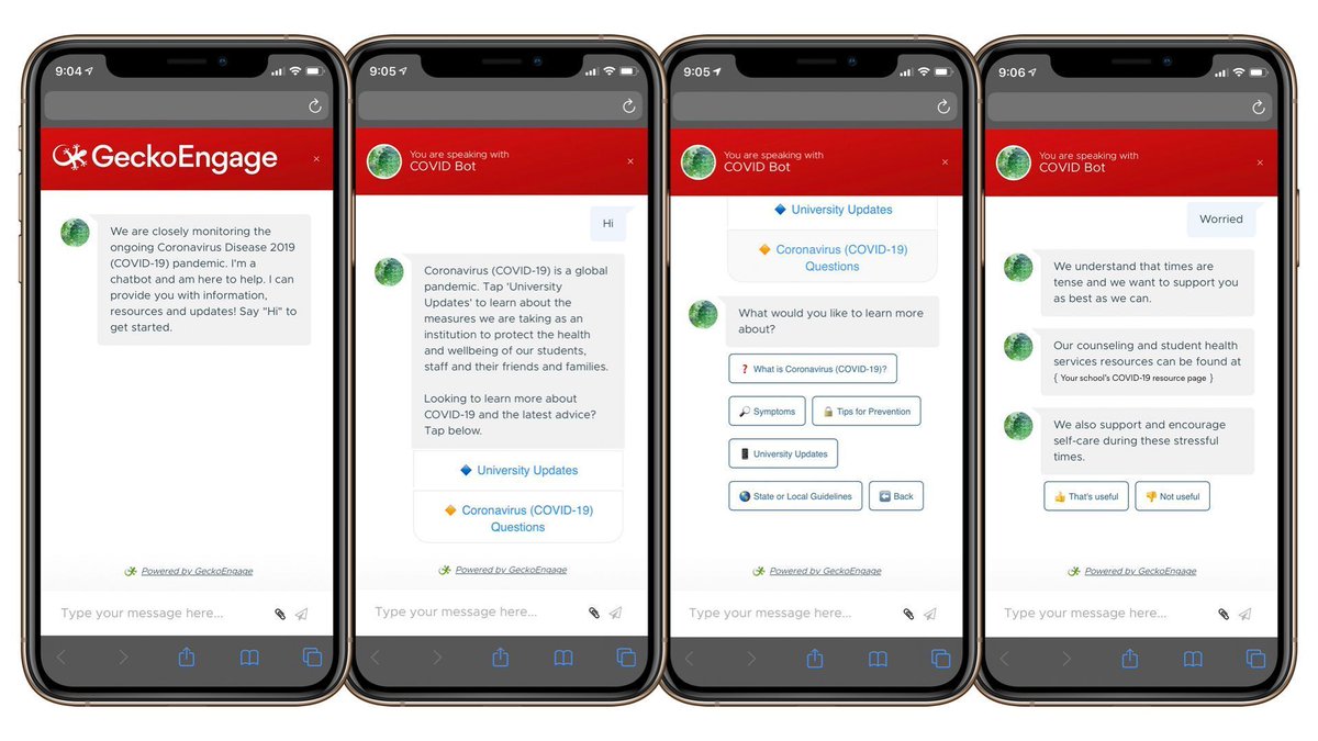 geckoengage's tweet photo. With growing concerns about Coronavirus, institutions need to be more responsive than ever. Keep your students informed by using our free COVID-19 #ResponseBot #chatbot π€
https://t.co/SmOw6DKIpf https://t.co/Liy4hT70Zx