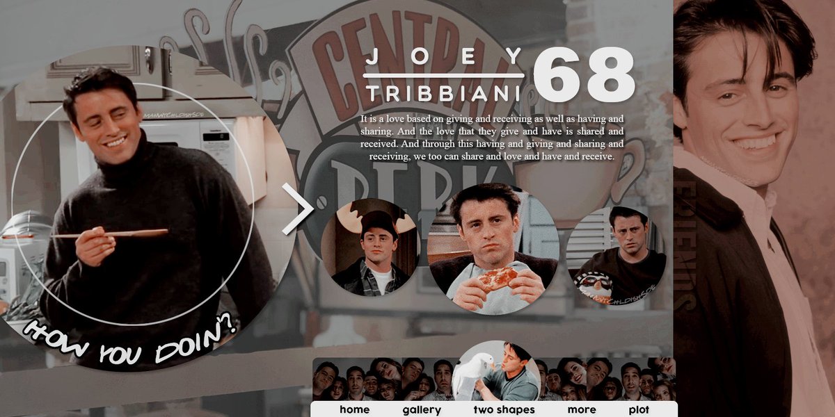 ㅤ

ㅤ       ▌ ▍❛ 𝐉𝐎𝐄𝐘 𝐓𝐑𝐈𝐁𝐁𝐈𝐀𝐍𝐈 ❜

 ━━ ╱╱ i don't like it when
                 people take food off
                 of my plate, okay?
ㅤ
ㅤㅤ⠀⿻   #FRIENDS | rol med/ext.
                 my own interpretation.

                             ⌠↺ : ♡⌡