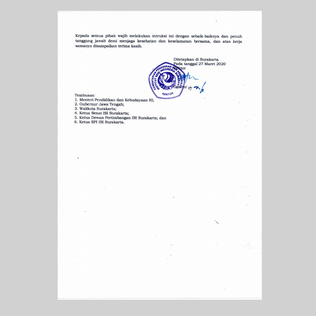isi_surakarta_'s tweet photo. Instruksi Rektor ISI Surakarta No. 2 Tahun 2020
ㅤㅤㅤㅤㅤㅤ
Tentang Pembatasan Kegiatan Kampus Dalam Upaya Pencegahan Penyebaran Covid-19 di Lingkungan ISI Surakarta 
#lawancovid19 #kemdikbud #isiska #isisurakarta #isisolo #surakarta #kotasurakarta #kotasolo #isiskajuara https://t.co/KHqLq9Yggw