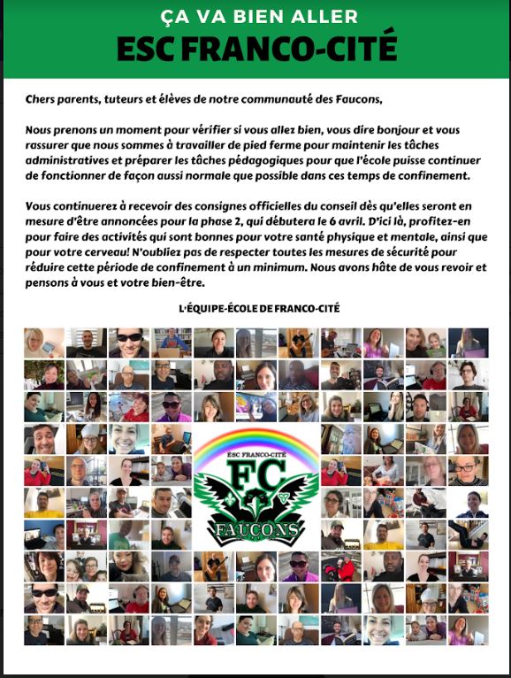Un message pour vous tous de la part de l'équipe école de Franco-Cité. #cavabienaller