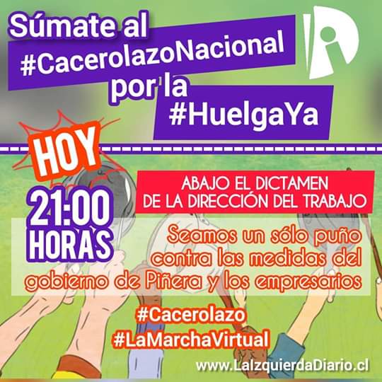 LID_Chile's tweet photo. Desde nuestras casas sumemonos al #Cacerolazo hoy por la #HuelgaYa!
Todos juntos en  contra de las medidas del gobierno de Piñera y los empresarios.  #CacerolazoNacional #FueraPiñera #LaMarchaVirtual
Envíanos tus videos sumandote a este cacerolazo 📣🥁 https://t.co/QI2zJ3qMi8