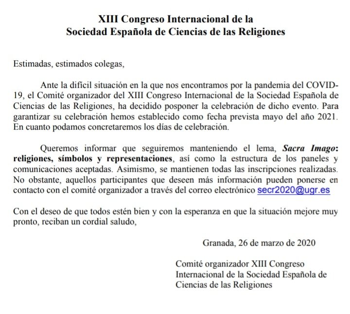 secr_es's tweet photo. IMPORTANTE #secr2020
El Congreso Internacional de la @secr_es se pospone a mayo de 2021 por la situación generada por el #COVID2019. Toda la información, en este comunicado: https://t.co/xkh30zR3AG