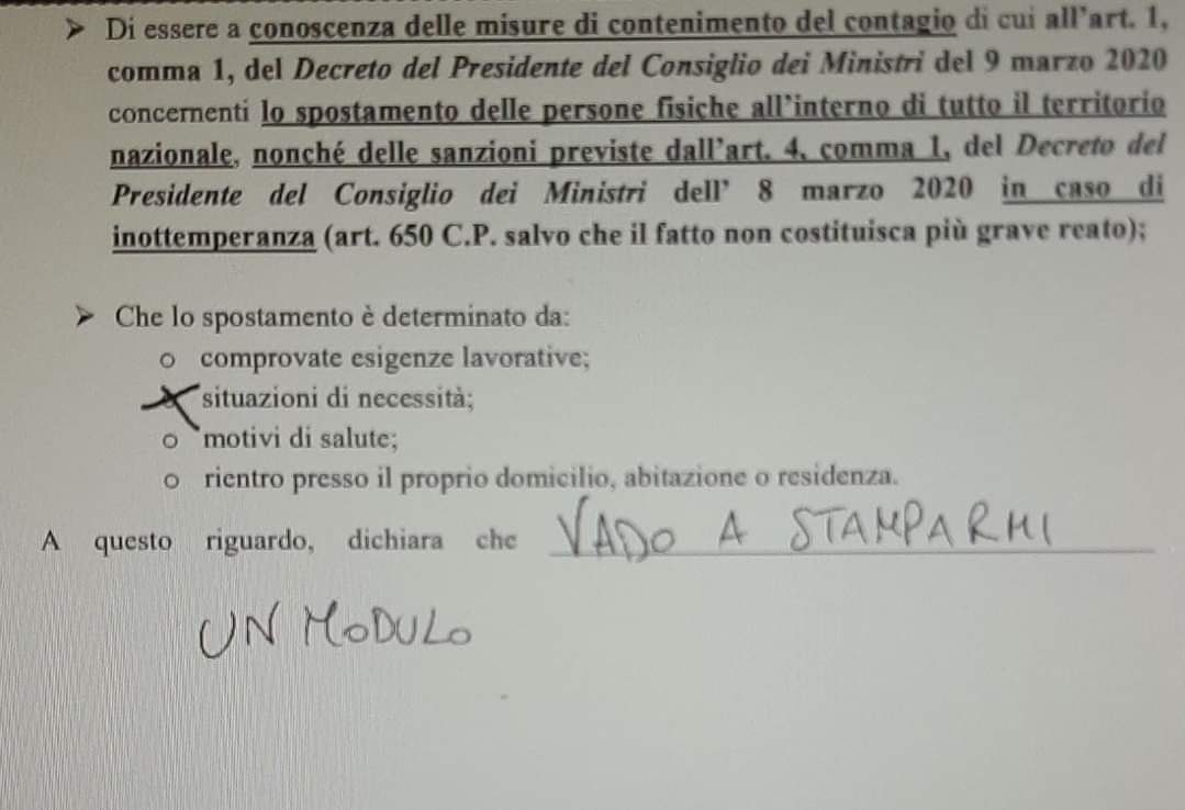 Degenerazioni burocratiche.

#autodichiarazione #autocertificazioni #COVID2019 #quarantena
