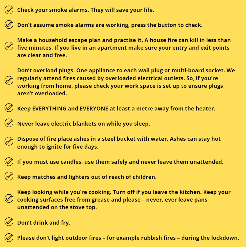 FireEmergencyNZ's tweet photo. With everyone staying at home, it's now more important than ever that we're all fire safe. Here is your at home fire safety checklist. 🔥 https://t.co/j4T3dcgZWC