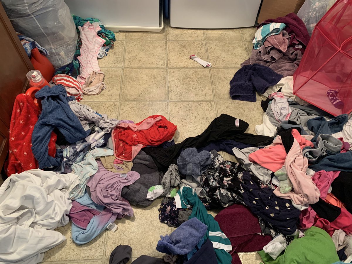 Day 11/30(?) of school closure.Me to 11yo: did you do your laundry? 11yo: yes! Me: all the clothes dumped on the floor are washed/dried? 11yo: yes mom, sheesh! Me: that was a big mess. I didn’t hear the machine. 11yo: YES MOM! The laundry area 2 mins later: