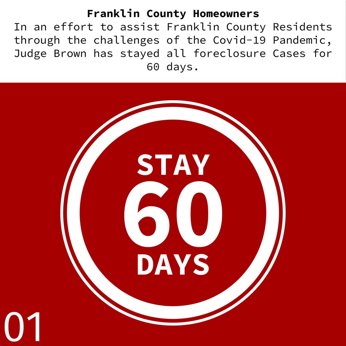 TreasurerCBS's tweet photo. Our office put together a quick info guide highlighting Judge Brown's 60 day stay on all foreclosure cases. https://t.co/9e67UpQr1b