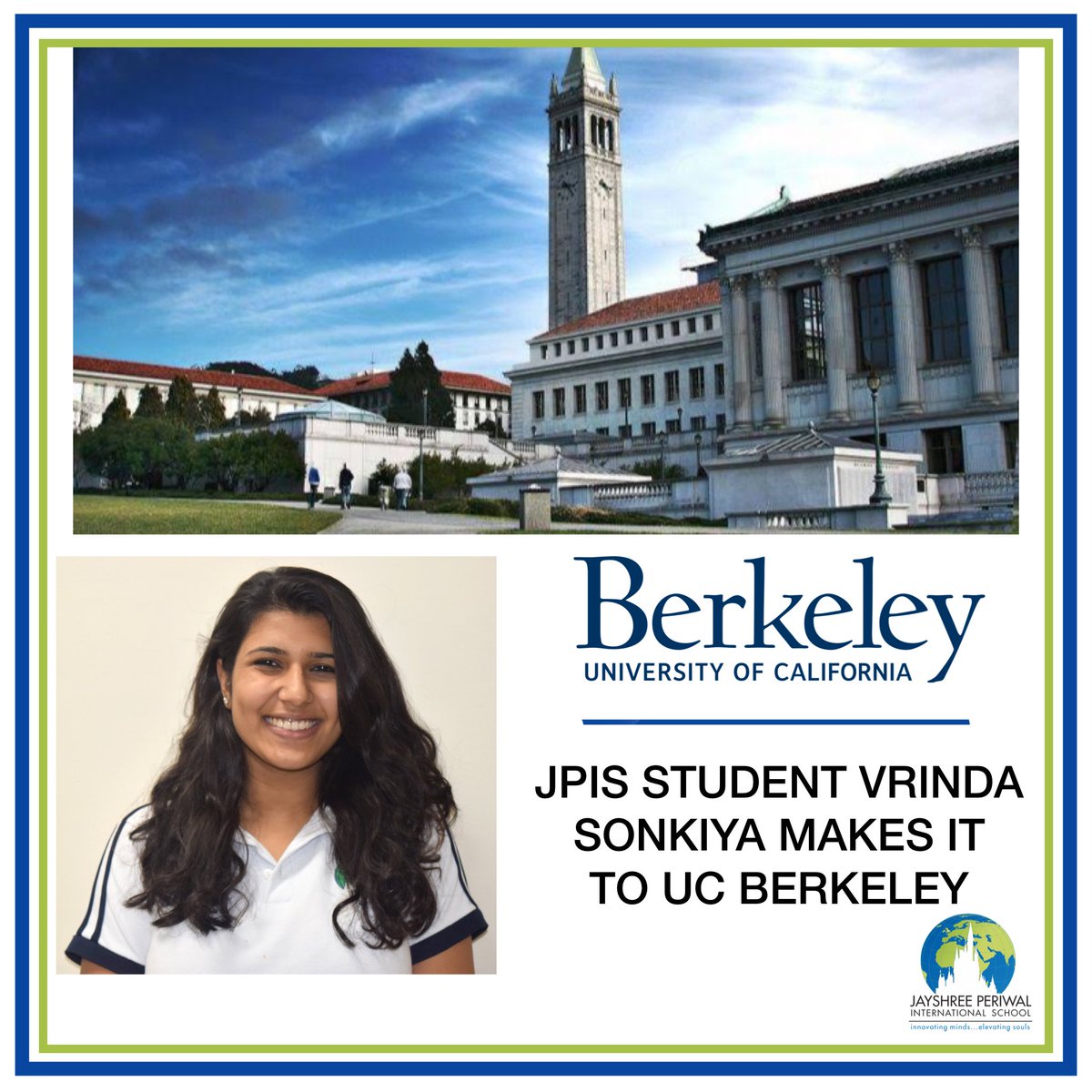 In an incredible feat, JPite Vrinda Sonkiya makes it to the illustrious University of California- Berkeley, consistently ranked amongst the best Universities in the world for undergraduate studies.
#ucberkeley #jpis #jpischool #education #highereducation  #universityplacement
