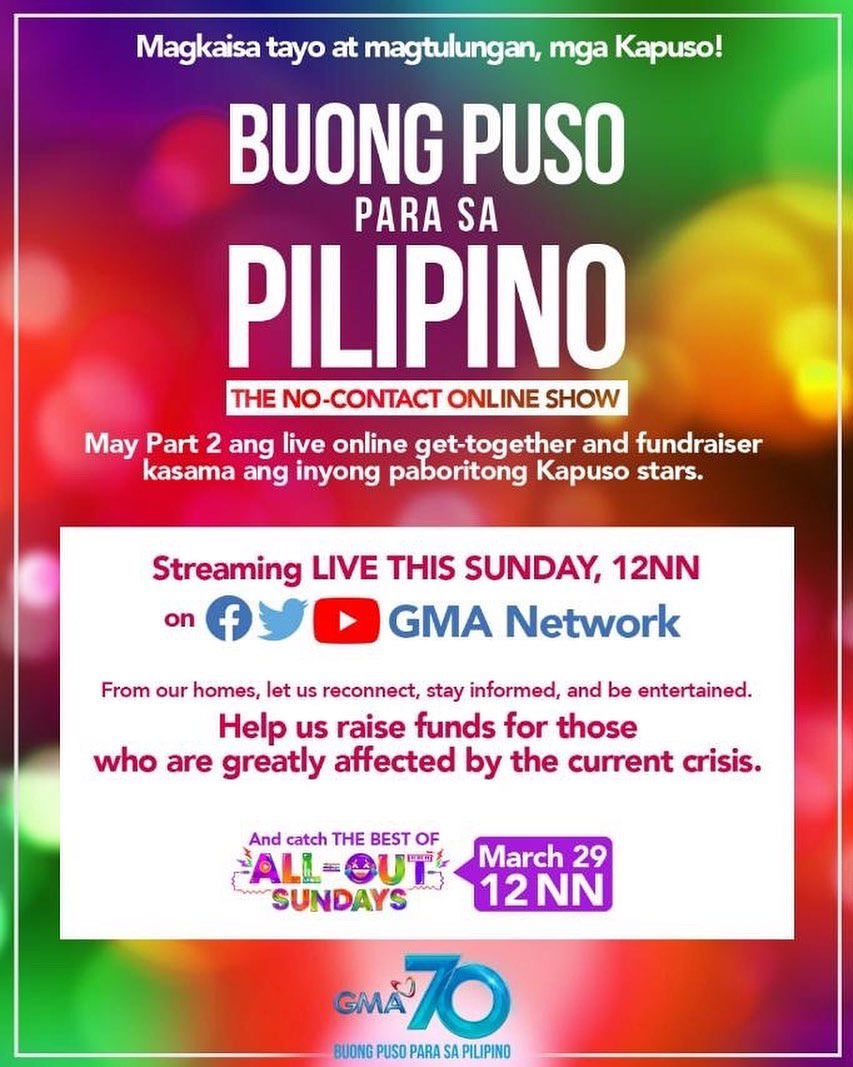 May part 2 ang live, online get-together and fundraiser ng mga Kapuso artists! Bukas po yan at noon (12PM)on <a href="/gmanetwork/">GMA Network</a>'s FB, Twitter, &amp; YT accounts! 

Sabay po ulit yan ng best of <a href="/AllOutSundays7/">All-Out Sundays</a> sa GMA!

#BuongPusoParaSaPilipino
#AldenRichards 
<a href="/aldenrichards02/">Alden Richards</a>