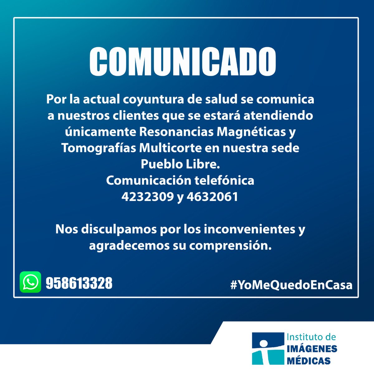 InstImagMedicas's tweet photo. A tomar en cuenta. Y la atención sólo en Pueblo Libre.

#YoMeQuedoEnCasa #COVIDー19 #Coronavid19 https://t.co/XEmwsmKIRN https://t.co/FLTIGlTxKF https://t.co/Lxs7Tr2601