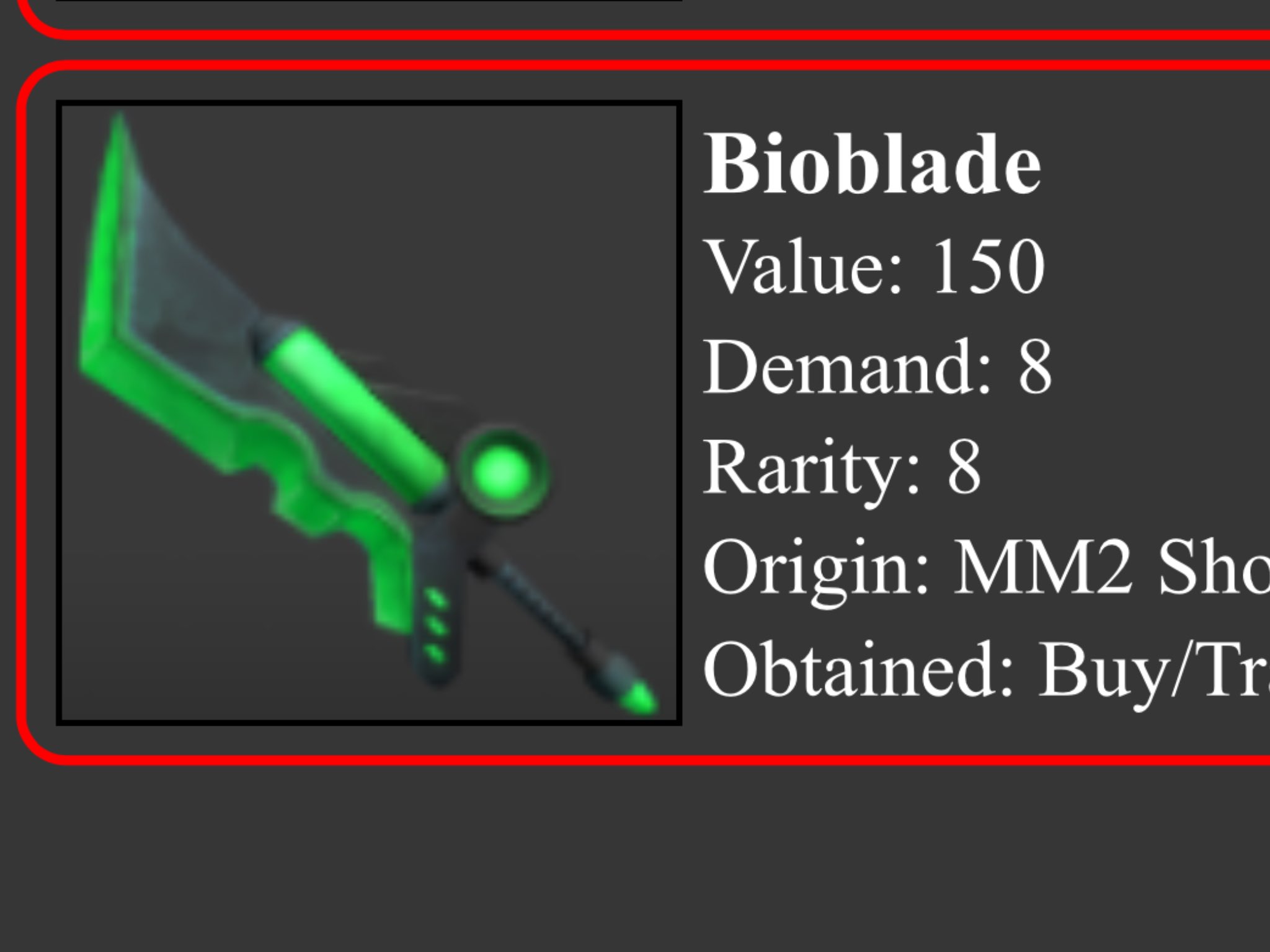 Trading Bio blade for Ice wing. Comment or dm me if you want to do this.  This trade below is from the official mm2 values website. : r/MurderMystery2