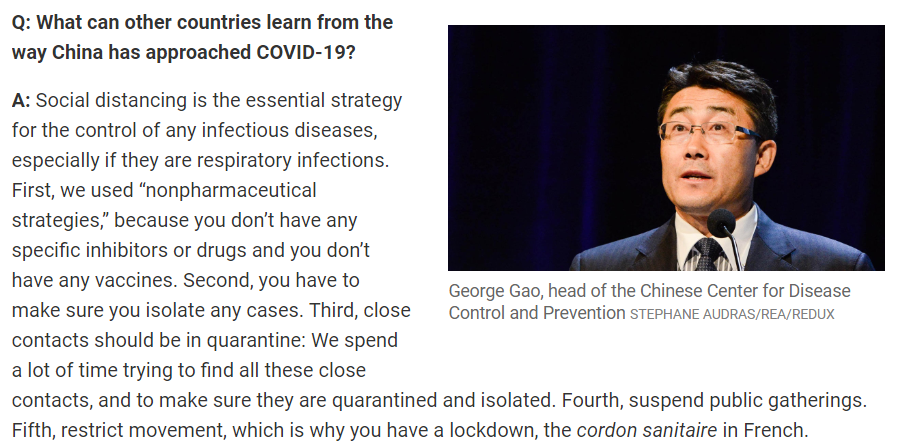 George Gao, pimpinan CDC China ttg strategi China:1. Pendekatan non-farmasi, krn belum ada obat yg efektif.2. Isolasi setiap kasus.3. Karantina setiap kontak dekat dgn sang kasus.4. Social Distancing, larang kumpul2.5. Batasi mobilitas warga, lockdown.