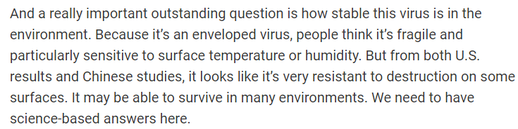 George Gao: Kesalahan banyak org lagi adalah berasumsi bahwa coronavirus ini tidak akan bertahan lama pada suhu atau kelembaban cuaca tertentu. Ternyata terlihat virus ini tahan di banyak lingkungan.Jangan berasumsi, kalau belum jelas dari penelitian, proteksi diri dulu.