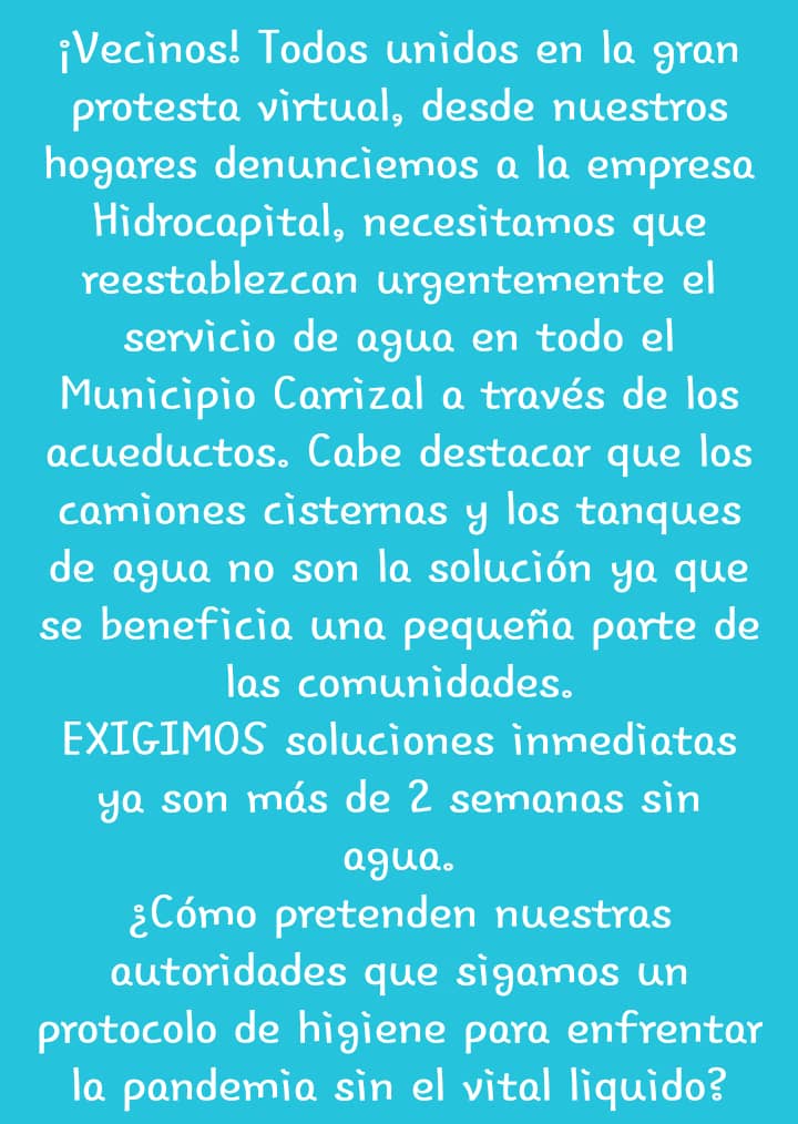 carrizal2020's tweet photo. El pueblo no puede estar pagando años de desidia y falta de mantenimiento exigimos que Hidrocapital cumpla con el suministro de AGUA AGUA POTABLE https://t.co/4nsaB9iwpF