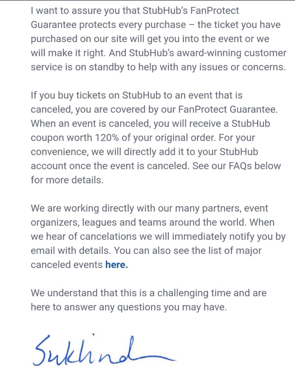 darrenrovell's tweet photo. StubHub updated their policy today. Instead of full refunds for canceled events, they changed it to a COUPON worth 20% more than the value of the ticket. As pointed out by @don_shano, this is not only absurd (fans deserve their $ back), it’s unethical and likely illegal. https://t.co/onFRrGVh6S