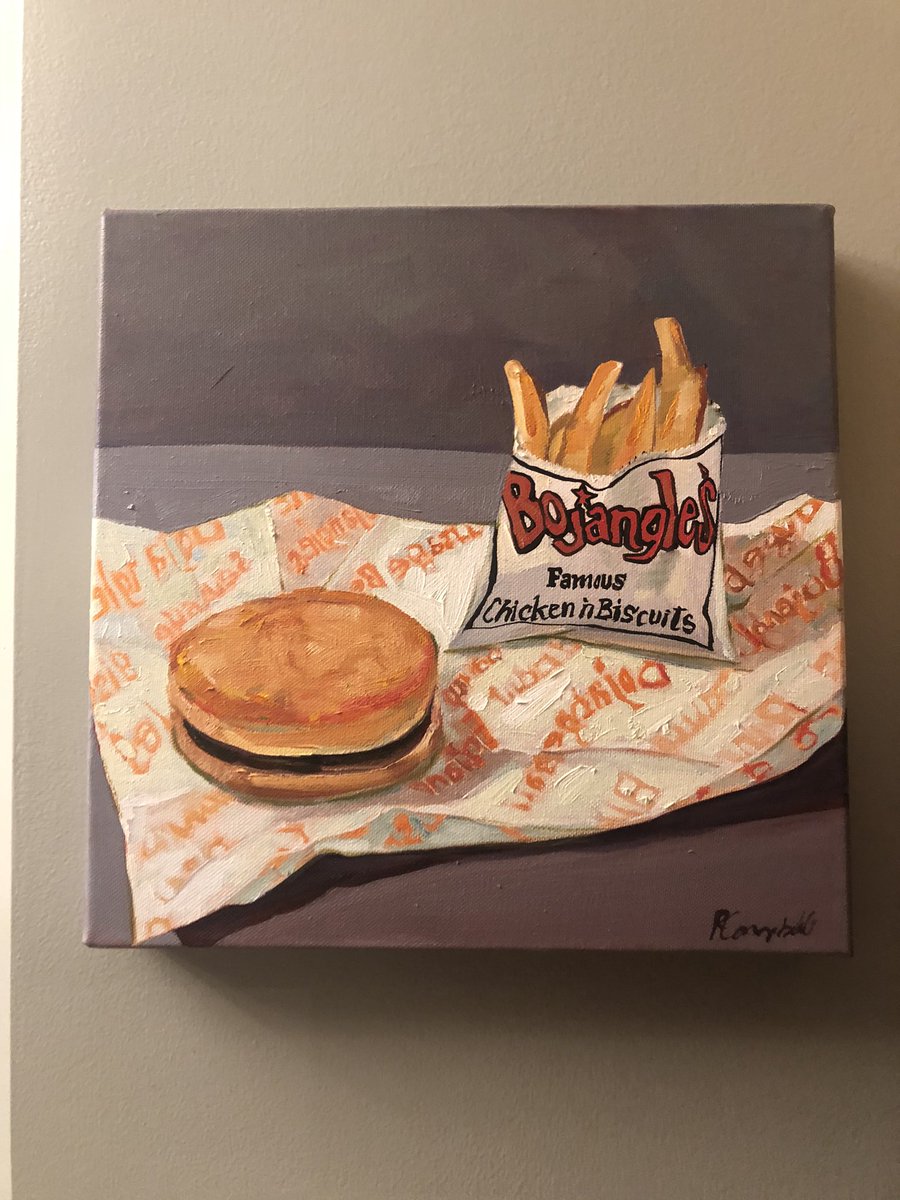 Having dinner <a href="/jgmooreVT/">Glenn Moore</a>’s house and notice this original <a href="/Bojang/">Bojan Gavrovski ☁️</a>
les piece on the wall.  Are you serious???  They had this commissioned. Best. Painting. Ever. #sorrymonalisa #bojangles