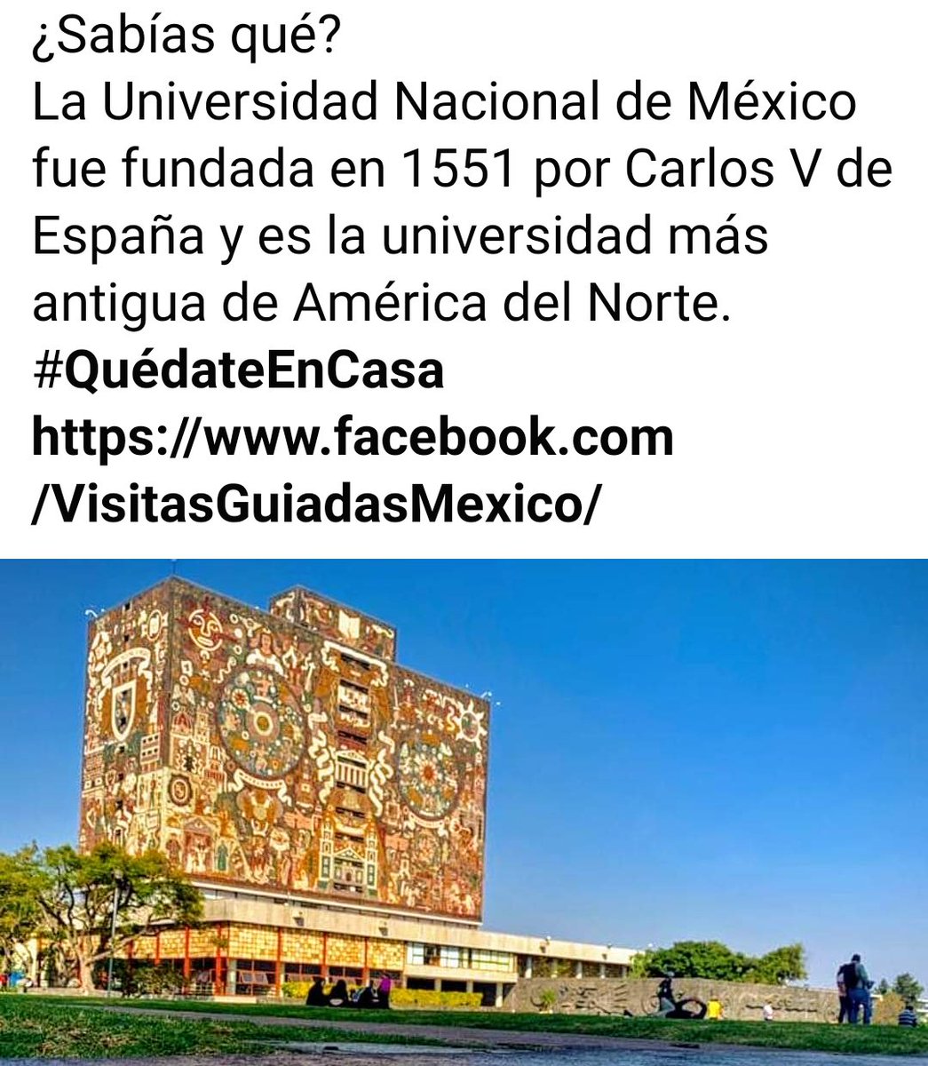 Turismo en CDMX (@paseosdf) on Twitter photo ¿Sabías qué?
La Universidad Nacional de #México fue fundada en 1551 por Carlos V de España y es la universidad más antigua de América del Norte.
#QuédateEnCasa
facebook.com/VisitasGuiadas…
<a href="/El_Universal_Mx/">El Universal</a> <a href="/GobCDMX/">Gobierno de la Ciudad de México</a> <a href="/LaGazzettaDF/">La Gazzetta DF</a> <a href="/el_zocalodf/">zocalo df</a> <a href="/HistoricoCdmx/">CentroHistorico CDMX</a> ¿Sabías qué?
La Universidad Nacional de #México fue fundada en 1551 por Carlos V de España y es la universidad más antigua de América del Norte.
#QuédateEnCasa
facebook.com/VisitasGuiadas…
<a href="/El_Universal_Mx/">El Universal</a> <a href="/GobCDMX/">Gobierno de la Ciudad de México</a> <a href="/LaGazzettaDF/">La Gazzetta DF</a> <a href="/el_zocalodf/">zocalo df</a> <a href="/HistoricoCdmx/">CentroHistorico CDMX</a>