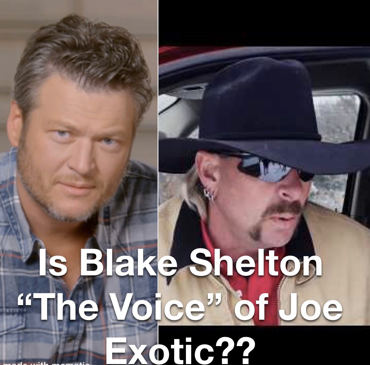 So for real though is <a href="/blakeshelton/">Blake Shelton</a> secretly <a href="/NBCTheVoice/">The Voice</a> of #JoeExotic from #TigerKing??