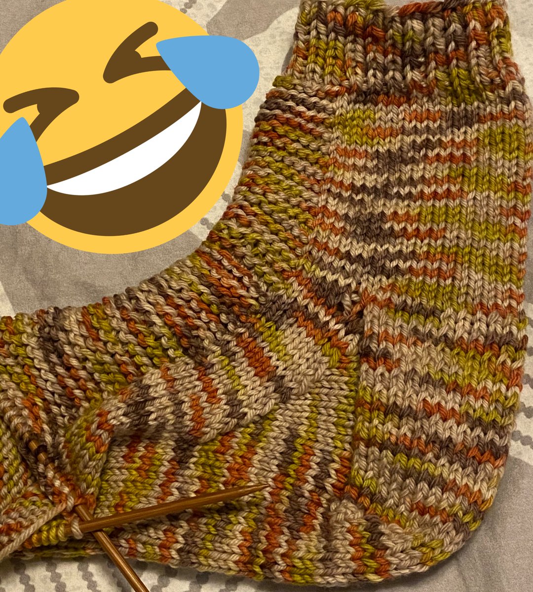 So my 1st attempt at knitting a sock was a learning experience! It started out just fine, I managed the heel flap &amp; turn, &amp; my gusset looks okay. That is, if this sock was for a giant foot!

I’m frogging this &amp; starting again!

#knit #stilllearning