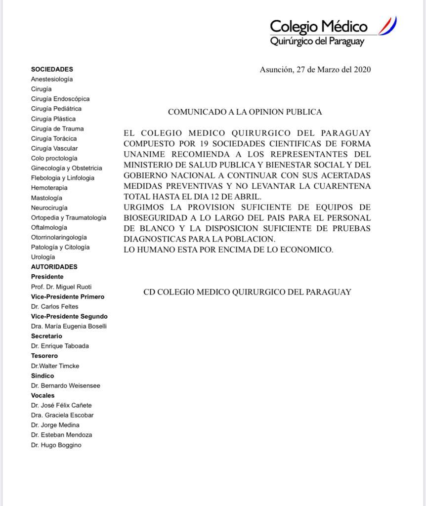 🔴 𝗔𝗛𝗢𝗥𝗔 |

El Colegio Médico Quirúrgico de Paraguay (compuesto por 19 sociedades científicas) recomienda al Gobierno que no flexibilize sus medidas sanitarias y que la cuarentena total continúe hasta el 12 de Abril.

Urge, además, la provisión de equipos de bioseguridad.