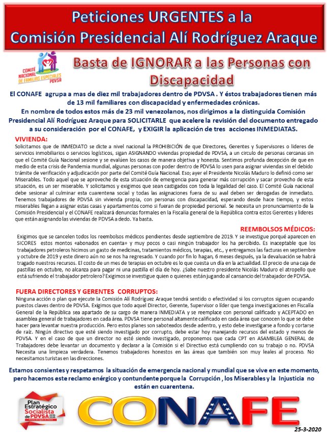CONAFEPDVSASH's tweet image. El Comité Nacional de Familias Especiales de PDVSA y Sector Hidrocarburos. CONAFE PDVSA SH, hace un llamado enérgico a la Comisión Presidencial Alí Rodriguez Araque, para que revise documento de propuestas presentadas y tome medidas urgentes en el siguiente planteamiento: