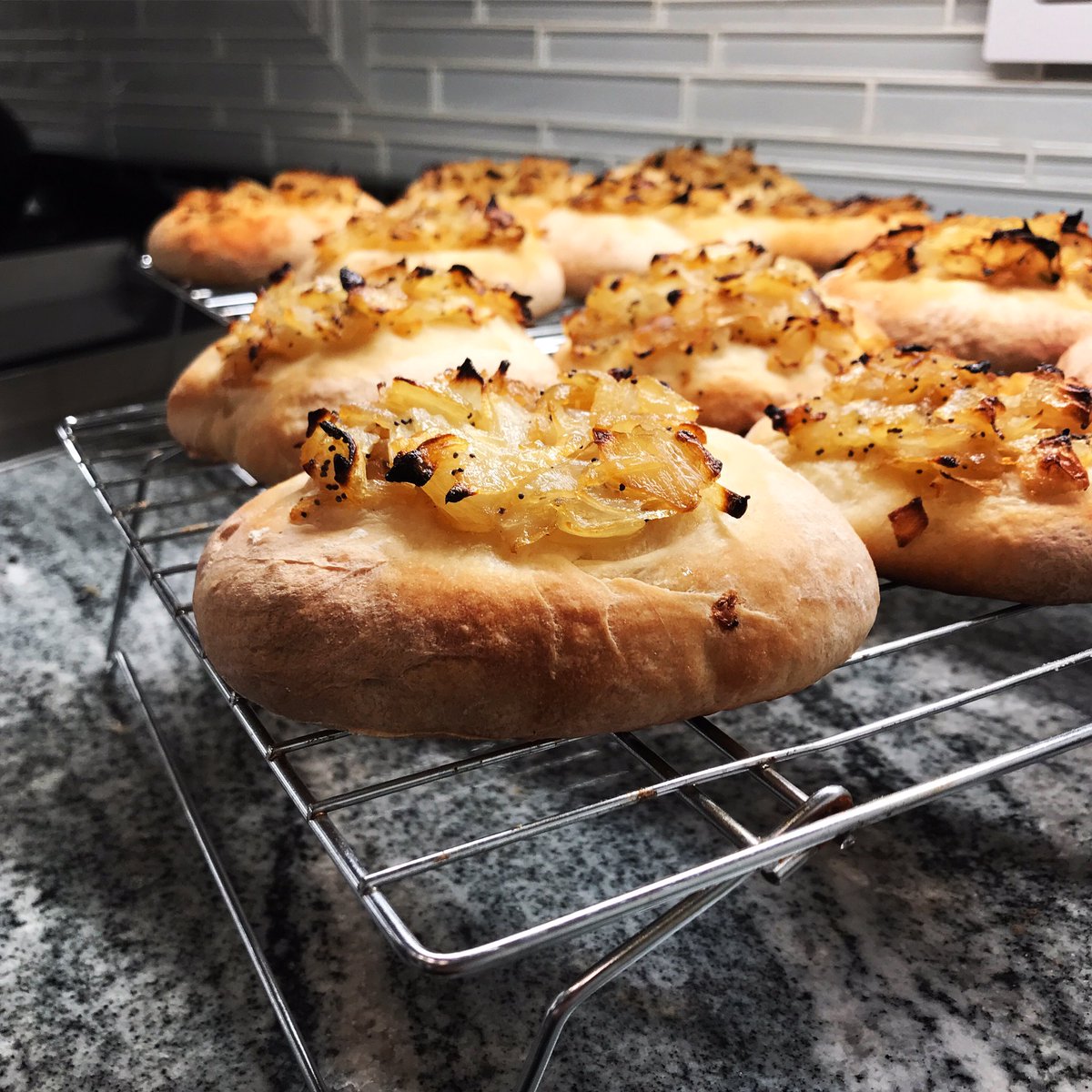 Bread #32: Bialys. I’ve only had a bialy once in my life before this (more of an NYC thing) but these came out really delicious and were easy! The dough was way too wet for some reason but I salvaged it. Thanks to everyone who watched me do another live thing 