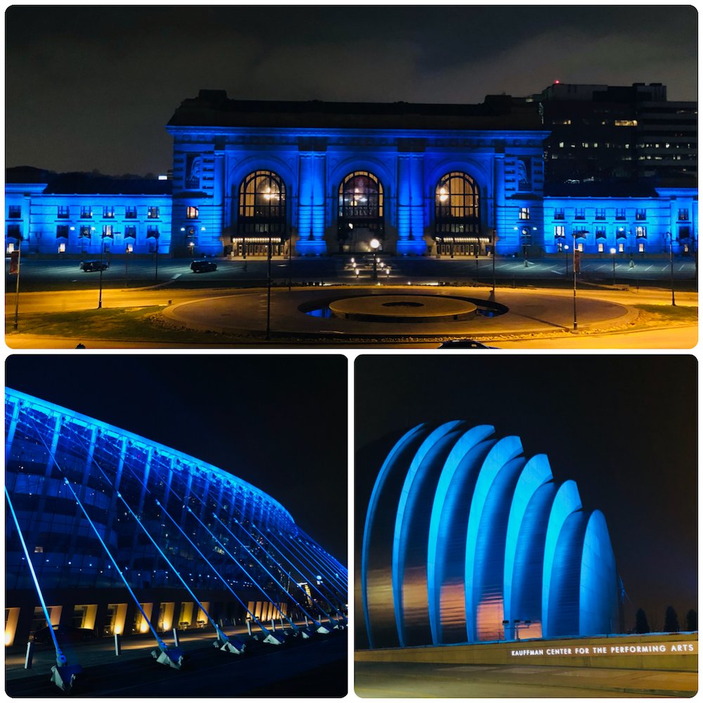 Tonight, Union Station and @KauffmanCenter join together in lighting in blue to send a heartfelt thank you to our healthcare community - local, regional, national, and around the world. You are the living example of KANSAS CITY STRONG!