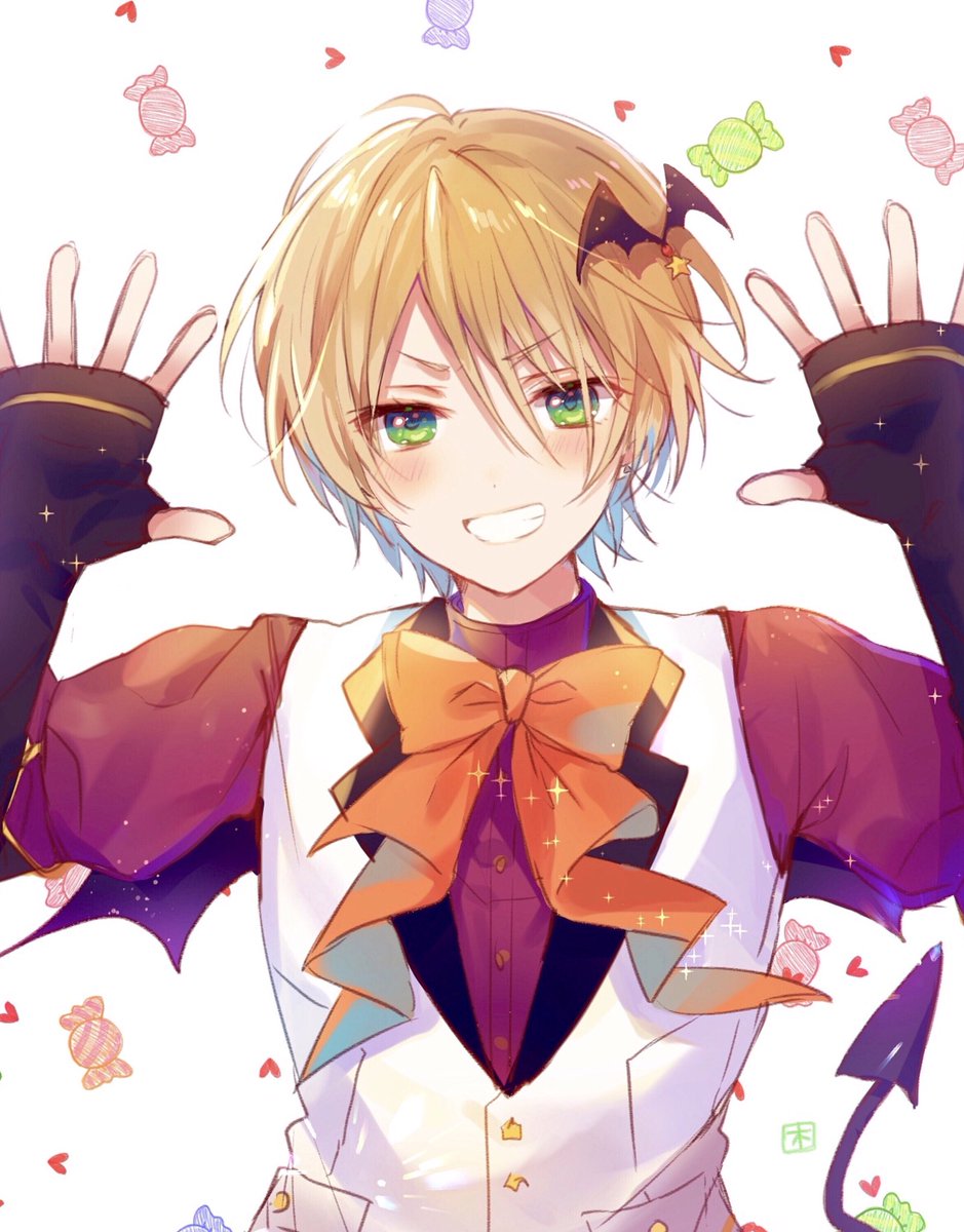 1boy male focus green eyes blonde hair demon tail candy smile  illustration images