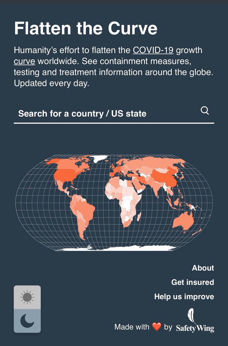 flattenthecurve.global
An interactive and usfull information of containment measures, travel restrictions, social gathering and event restrictions, testing and treatment information around the globe. Updated every day! 
#Coronavirus #stayinhome