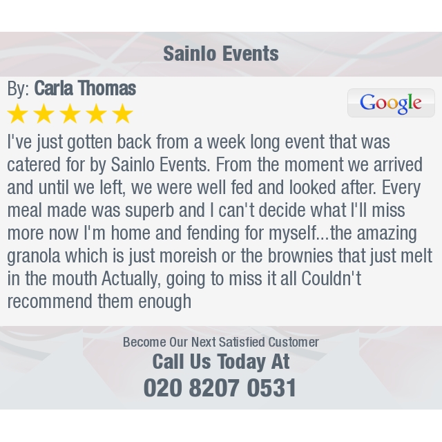 5 Star: Carla T. "I've just gotten back from a week long event that was catered for by Sainlo Events.  From the..." bit.ly/2cdcIed