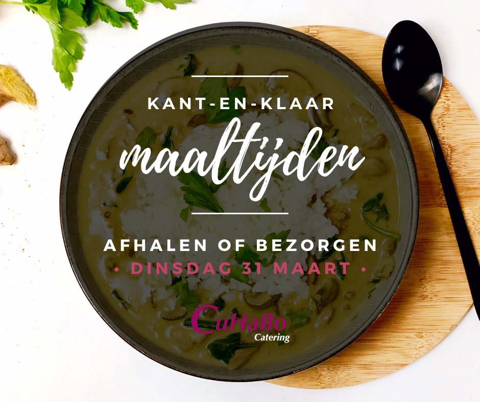 De maaltijden die voor dinsdag 31 maart besteld kunnen worden zijn: kip-kerrie met rijst, vis-stoofschotel, varkensfilet-lapje met aardappelgratin en bloemkool. En de soepen: preisoep &amp; aspergesoep (1l) à €5,- p. st. Bestellen kan via buff.ly/2WrJXQx.