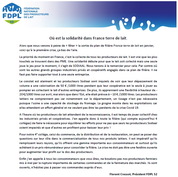 prixdulait's tweet photo. Appel à la solidarité vers chaque maillon de la filière lait https://t.co/rxFdjIBLZA
