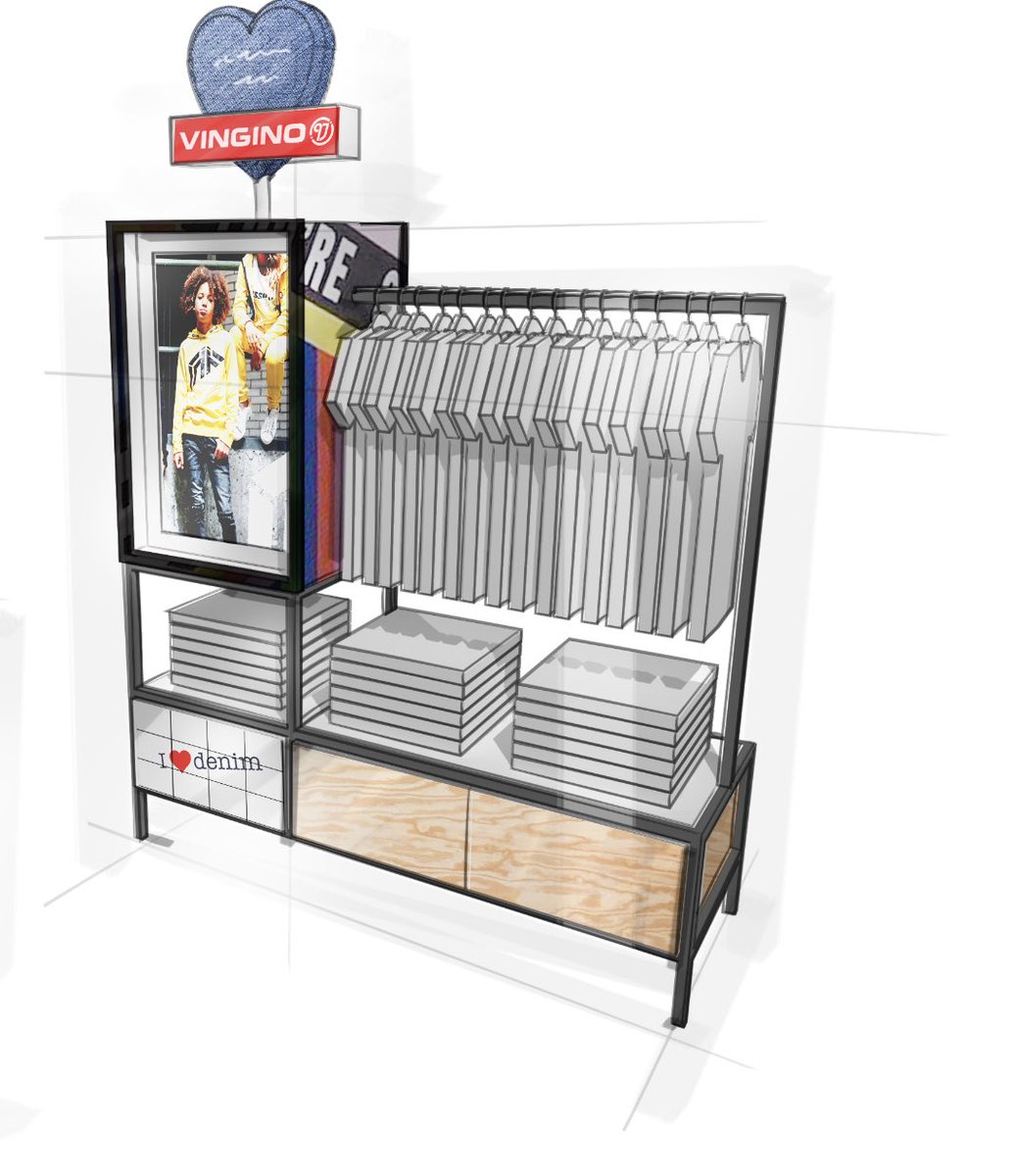 Scetch concept design ‘ I love denim’ for Vingino this year. A shop in shop display with interchangeable branding campaign possibilities and distance content management program. Merkenbaar takes al (key)requests upto one solution providing the customer a one stop solution.